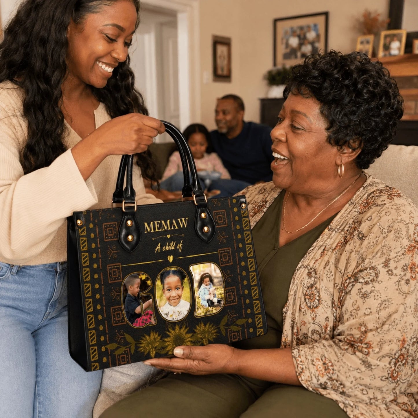 A woman gifting a personalized Memaw handbag with custom photos to an elderly woman as a sentimental gift