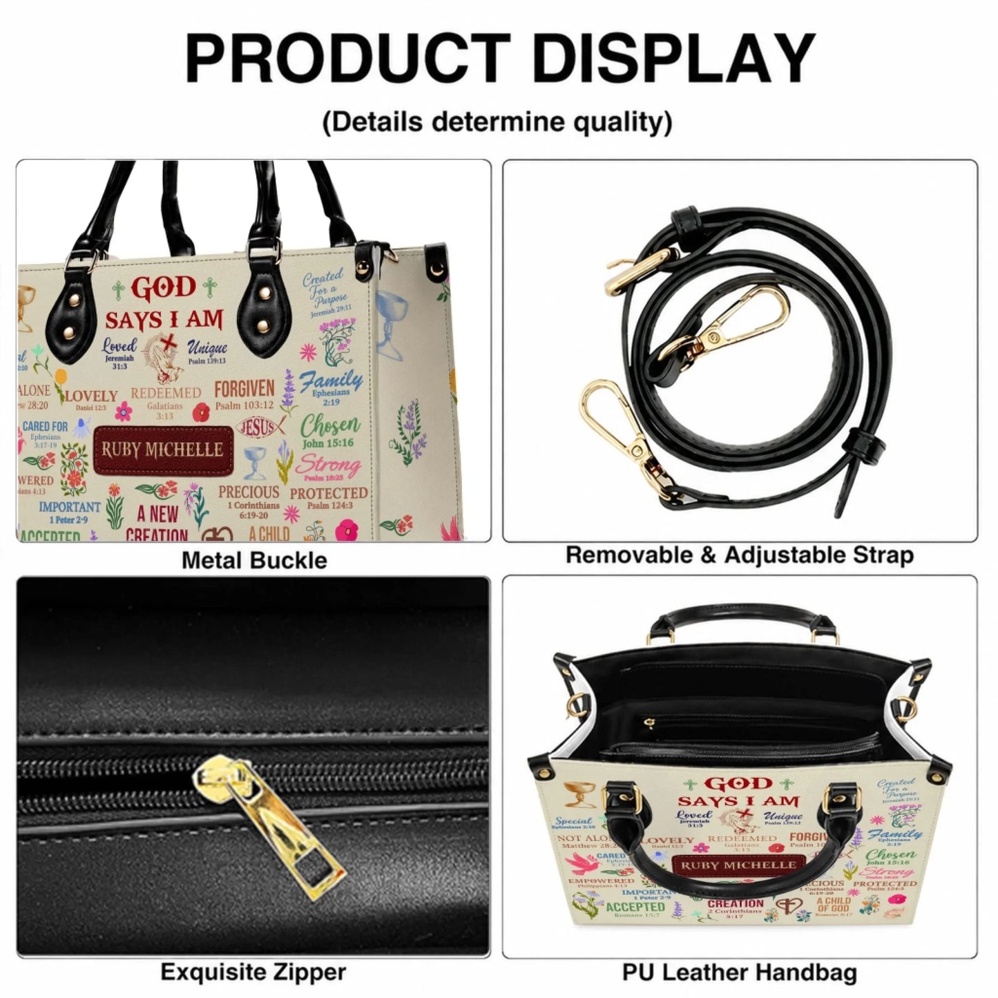 Product features of personalized leather handbag including gold hardware removable strap and zipper closure details