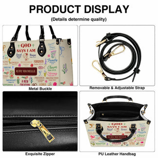 Product features of personalized leather handbag including gold hardware removable strap and zipper closure details