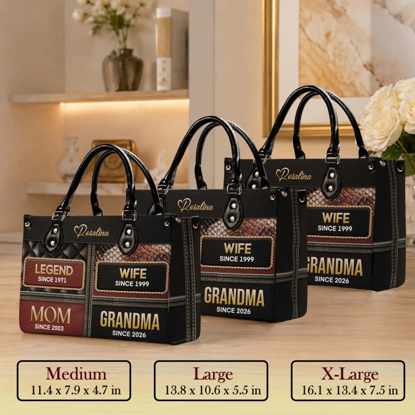 Size comparison for custom personalized handbags available in medium large and extra large sizes with custom text designs.