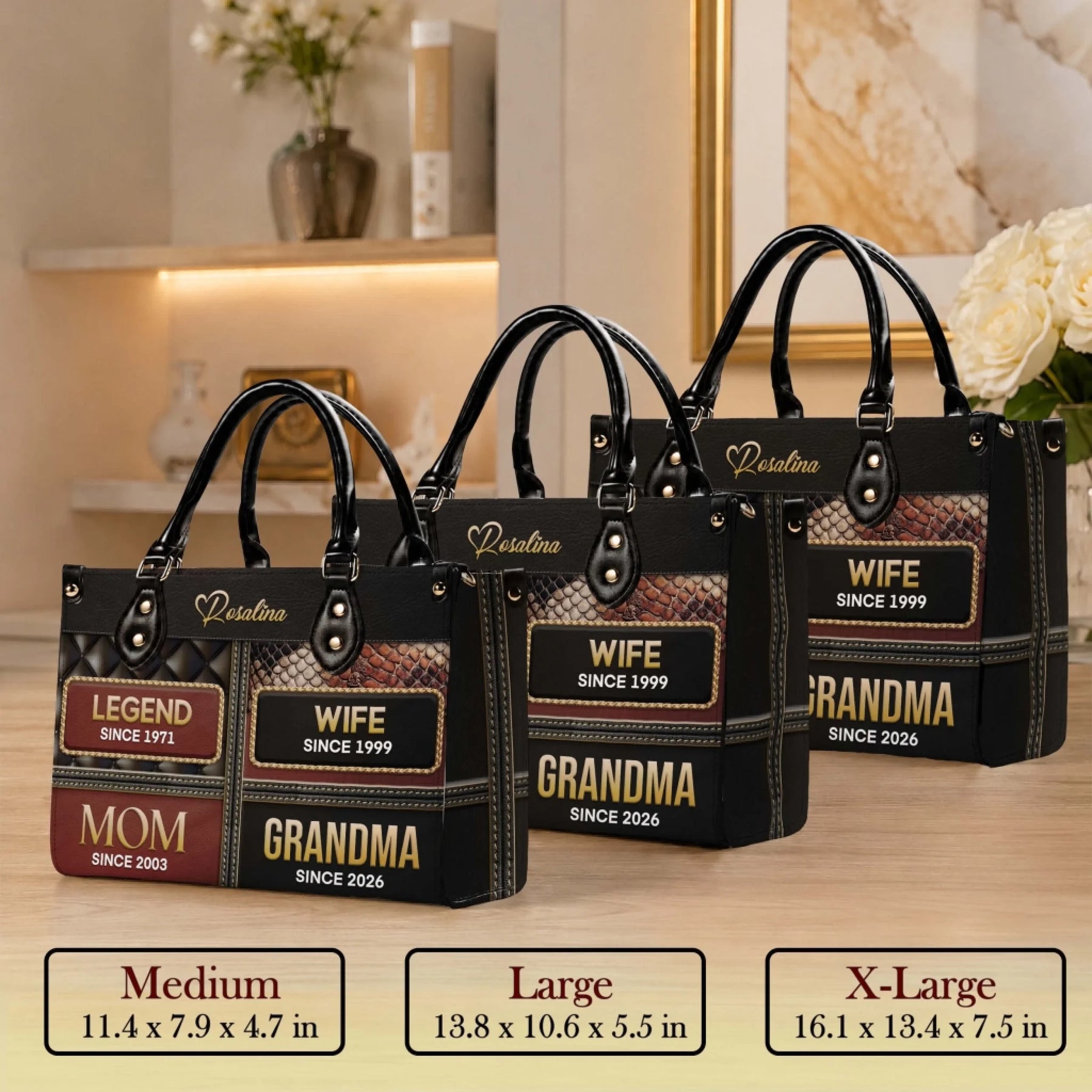 Size comparison for custom personalized handbags available in medium large and extra large sizes with custom text designs.