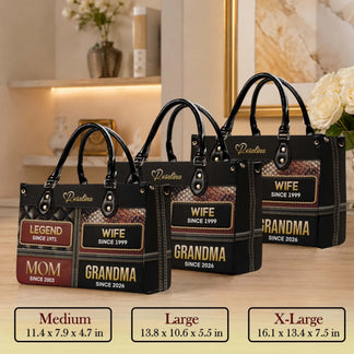 Size comparison for custom personalized handbags available in medium large and extra large sizes with custom text designs.