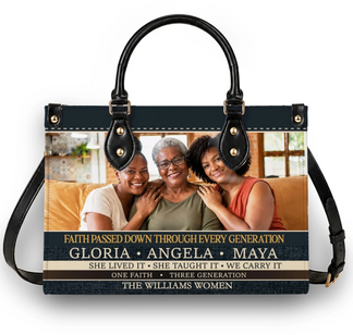 Custom handbag with three generation family photo and names Gloria Angela Maya with a faith inspired family quote.