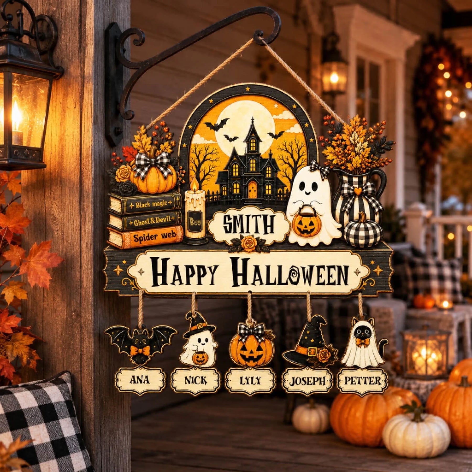 Personalized hanging Halloween wooden sign with a haunted house theme and custom family names on dangling ghost pendants.