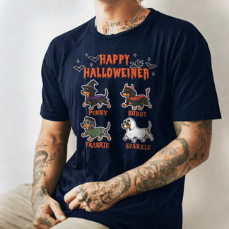 A navy blue unisex t-shirt featuring custom dachshund Halloween illustrations with the names Penny, Buddy, Frankie, and Sparkle.