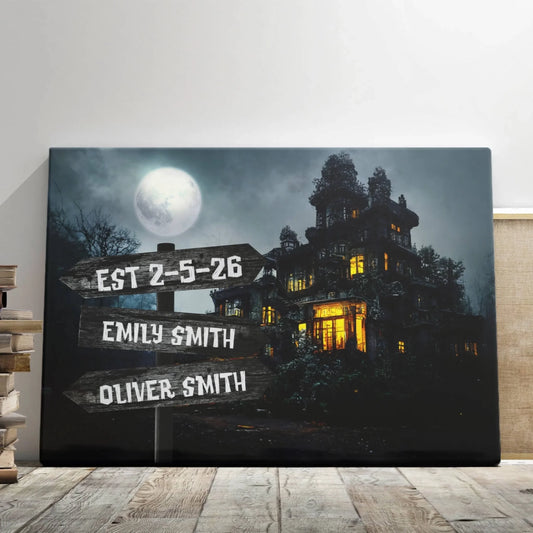 Personalized haunted house canvas featuring custom Emily Smith and Oliver Smith names with EST 2 5 26 date for Halloween decor.