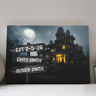 Spooky haunted house wall canvas featuring personalized names Emily Smith and Oliver Smith with a custom establishment date.