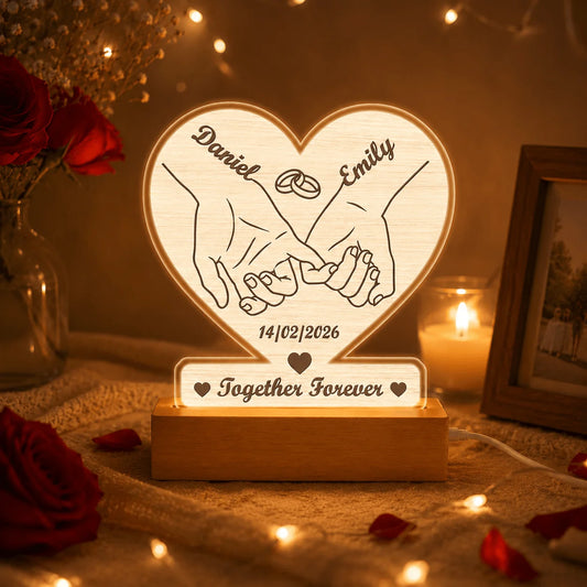 Personalized heart LED night light featuring Daniel and Emily with custom date for romantic anniversary or wedding gift.