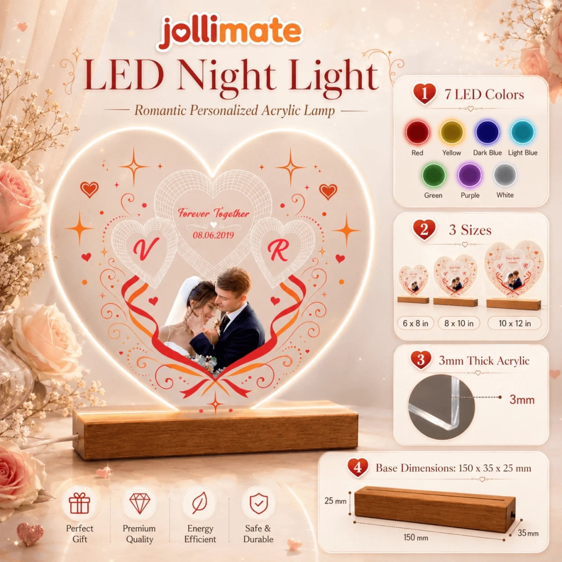 Custom acrylic heart LED night light featuring a romantic wedding photo, names, and date, perfect for anniversary gifts.
