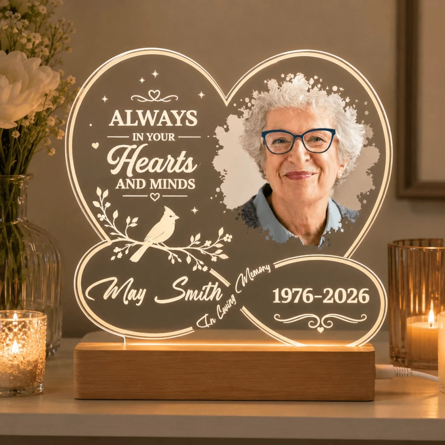 Custom memorial LED night light featuring a heart design with photo, name, and dates as a thoughtful sympathy gift.