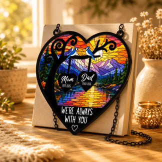 Personalized memorial stained glass heart suncatcher with blue jays and mountain landscape, custom sympathy gift for loss of parents.