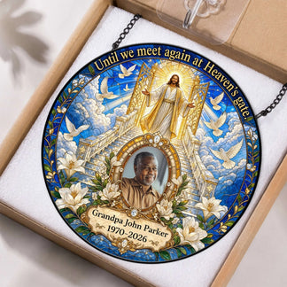 Custom memorial suncatcher with heaven theme, photo, and years displayed in a protective gift box for remembrance.
