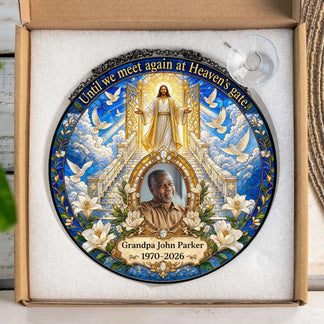 Custom memorial acrylic suncatcher with Jesus, doves, and Grandpa John Parker photo inside protective gift packaging.
