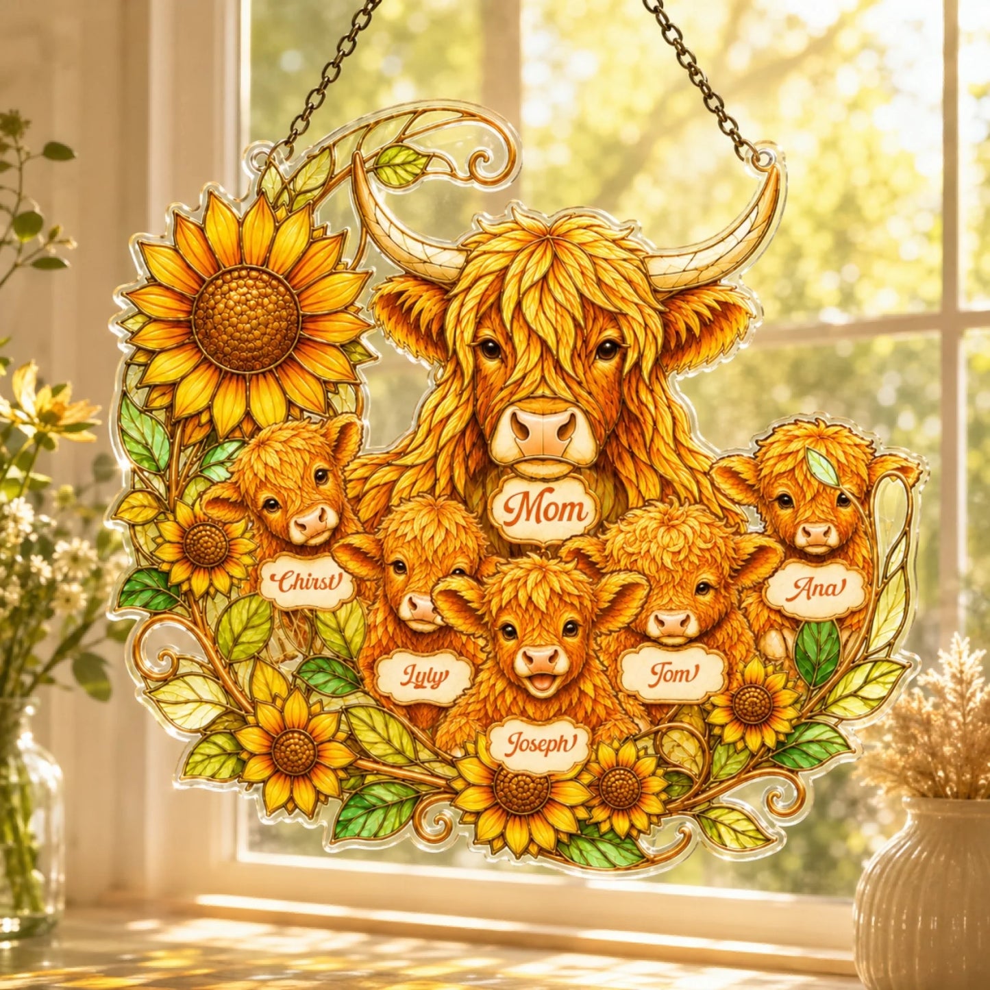 Hand-held personalized highland cow family acrylic suncatcher decorated with sunflowers, a meaningful custom gift for mothers.