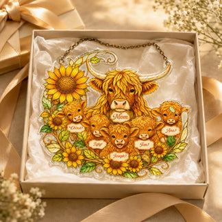 Personalized highland cow family acrylic suncatcher presented in a gift box, a perfect custom decor piece for any occasion.