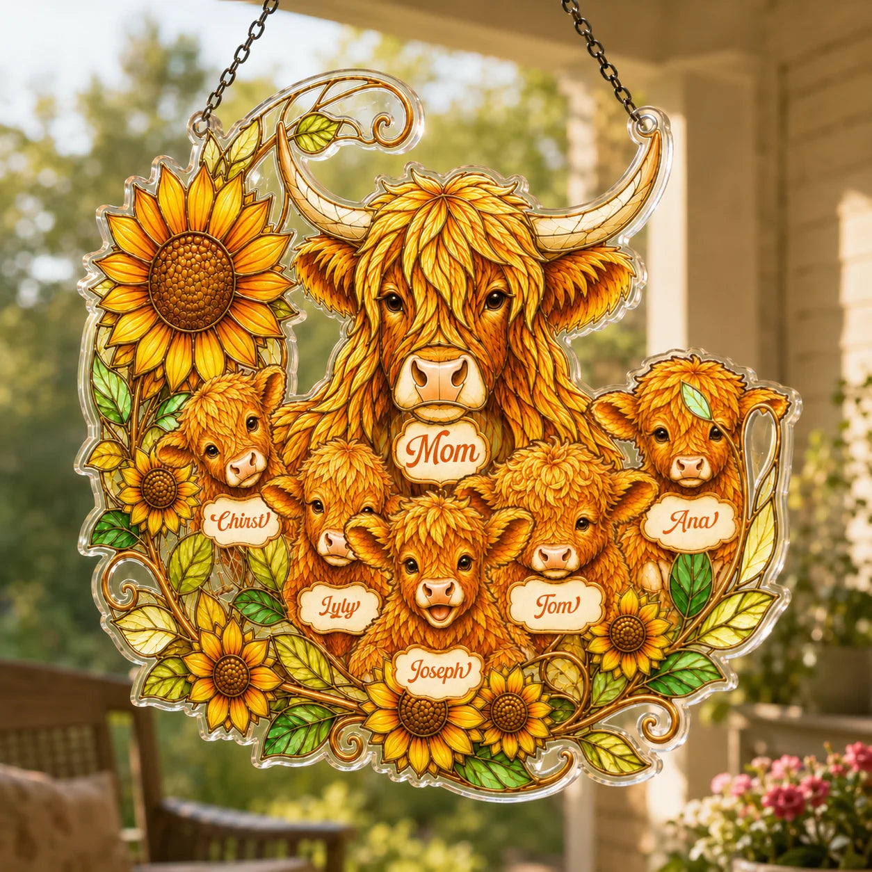 Custom acrylic suncatcher featuring a highland cow mom and baby calves with sunflower art, a perfect personalized gift for mom.