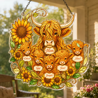 Custom acrylic suncatcher featuring a highland cow mom and baby calves with sunflower art, a perfect personalized gift for mom.