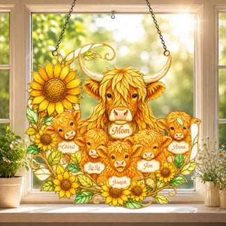 Personalized highland cow suncatcher with sunflowers, featuring custom names for mom and family on clear hanging acrylic.