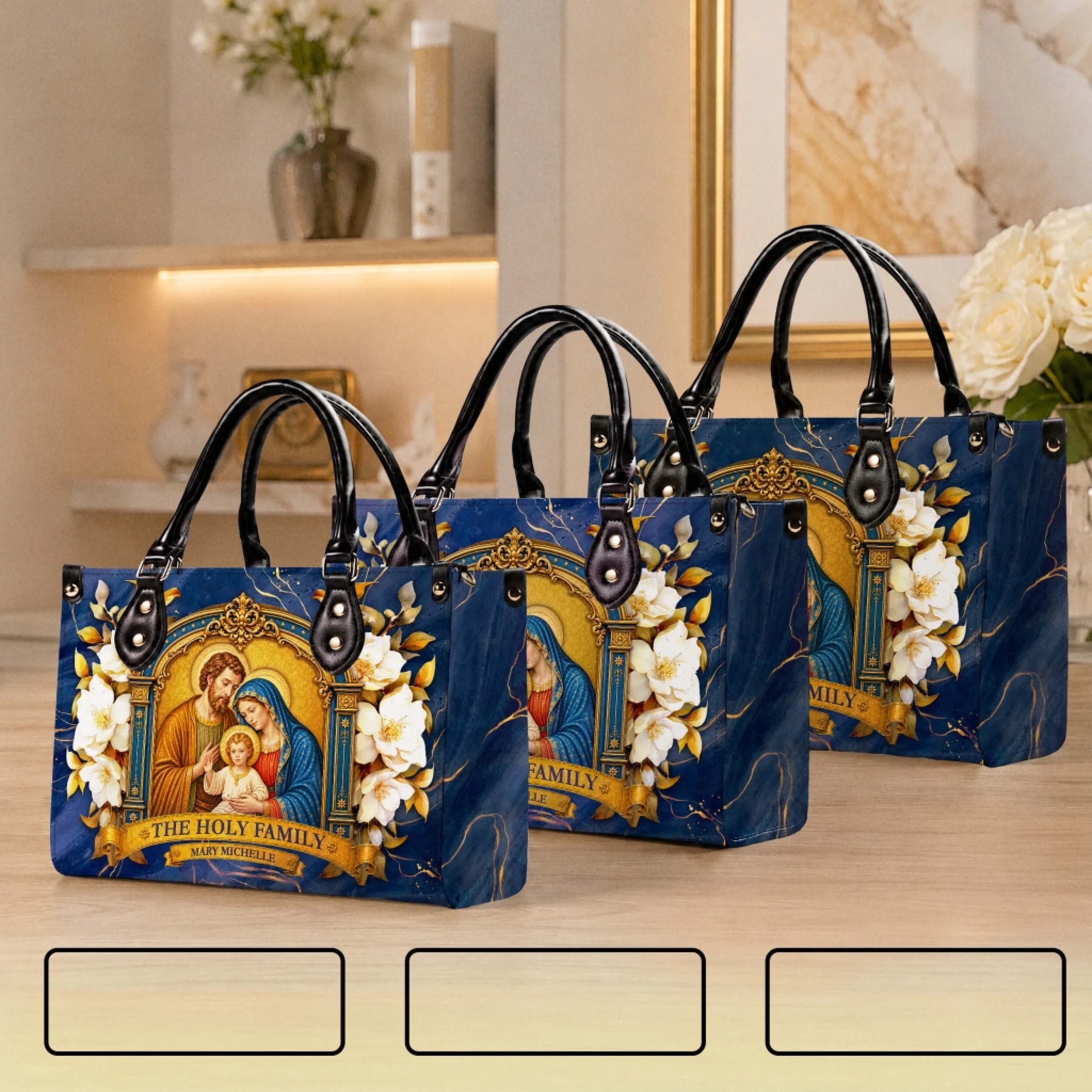 Three different sizes of personalized Holy Family handbags, featuring a religious blue marble background and elegant white flowers.