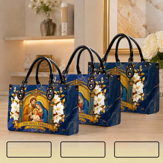 Three different sizes of personalized Holy Family handbags, featuring a religious blue marble background and elegant white flowers.