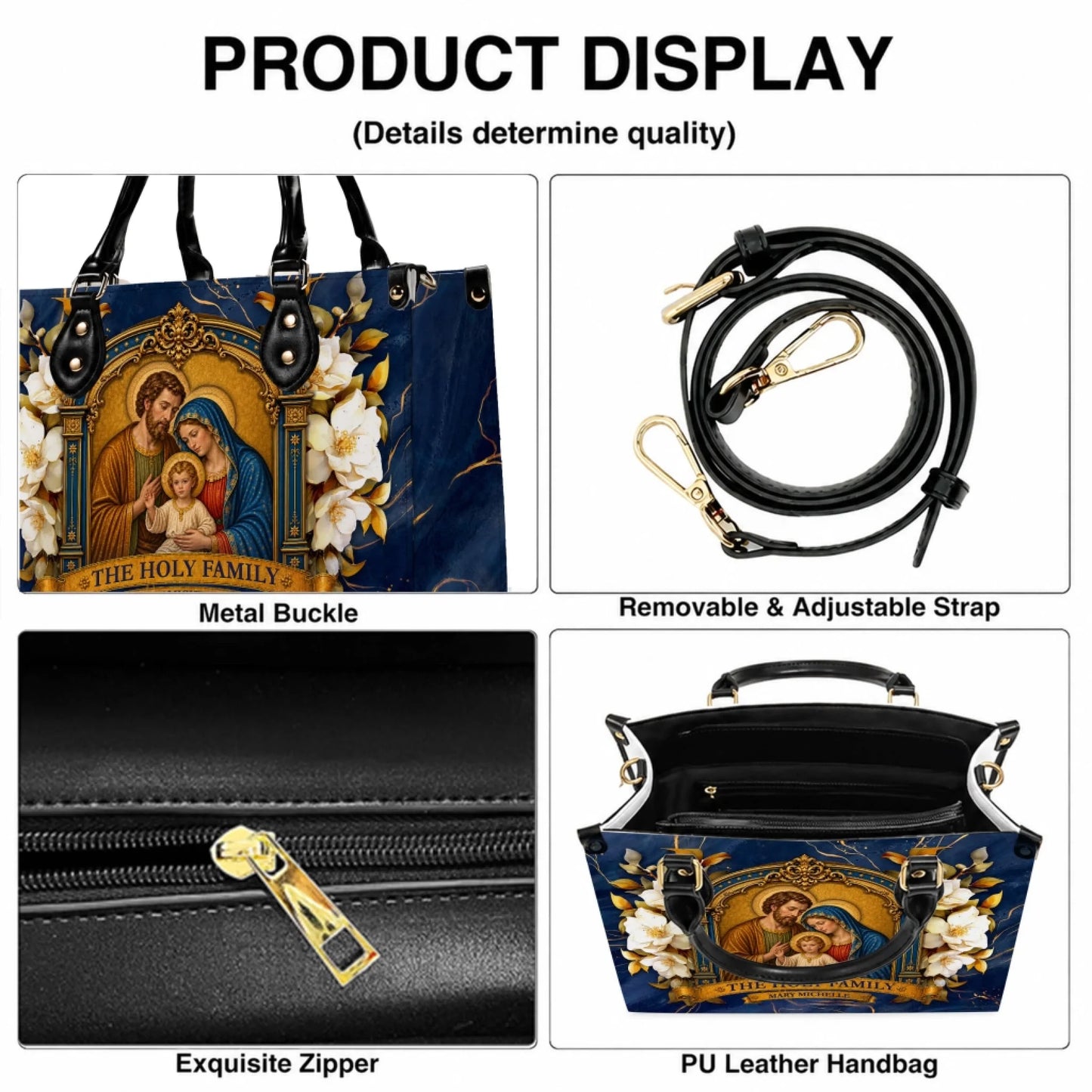 Close-up views of the custom Holy Family handbag showing the sturdy metal buckle, adjustable strap, and smooth zipper.