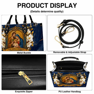 Close-up views of the custom Holy Family handbag showing the sturdy metal buckle, adjustable strap, and smooth zipper.