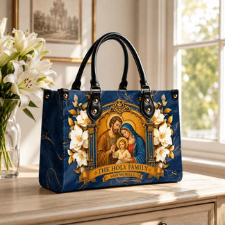 Religious themed Holy Family tote bag with custom name Mary Michelle, styled with elegant floral patterns on a deep blue background.