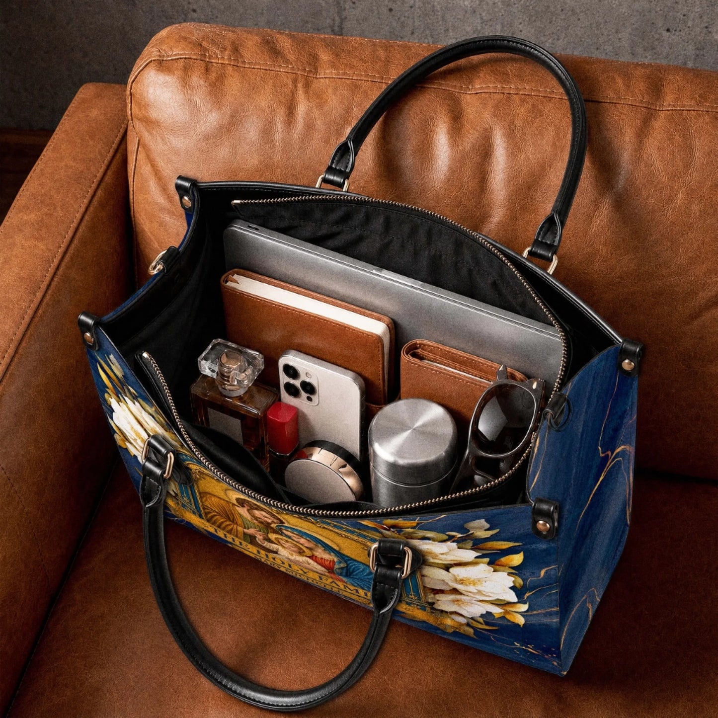 Personalized Holy Family tote bag with religious artwork and a custom name, perfect for a thoughtful Catholic gift.