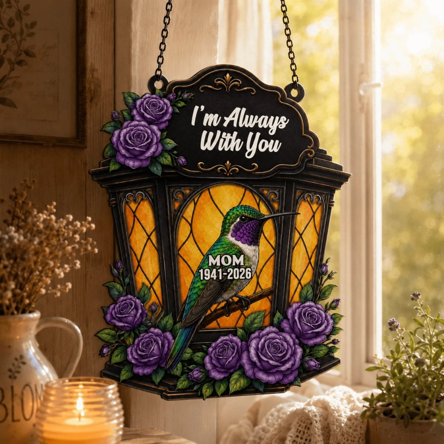 Personalized hummingbird acrylic hanging suncatcher for memorial gift with purple roses and custom mom 1941 2026 years.