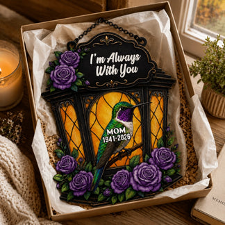 Personalized memorial hummingbird acrylic sign with custom years in a gift box as a thoughtful sympathy keepsake gift.