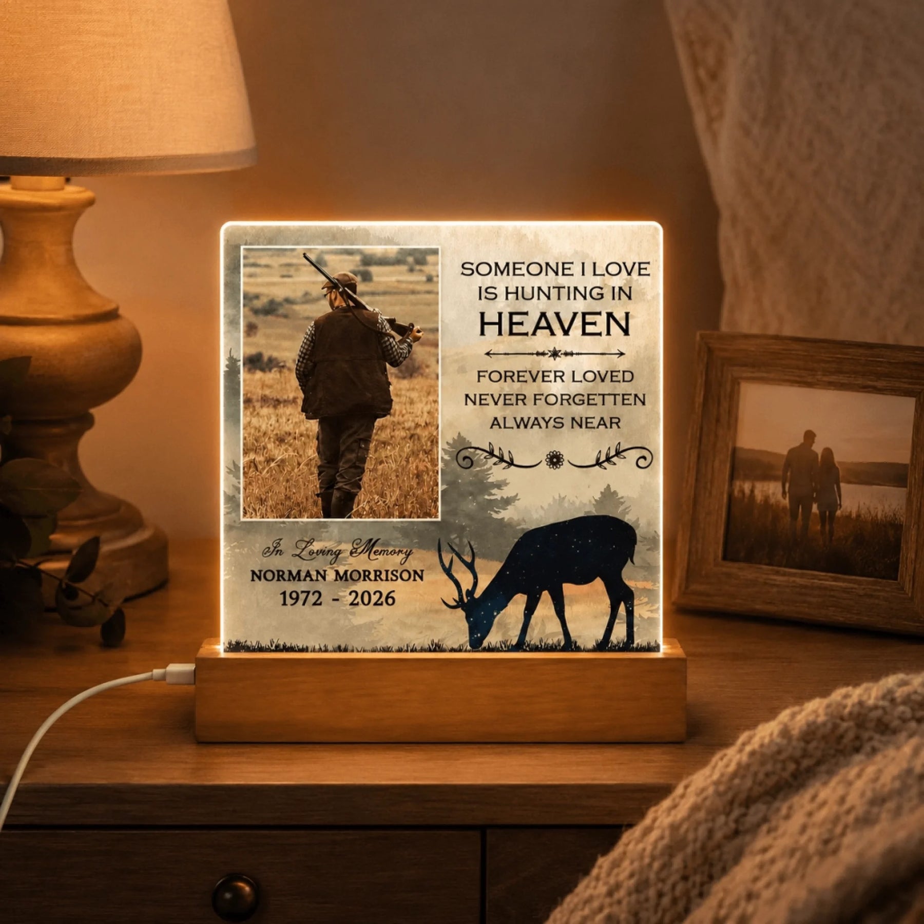 Personalized memorial LED night light featuring a hunter, deer silhouette, and custom name and years for lost loved ones.