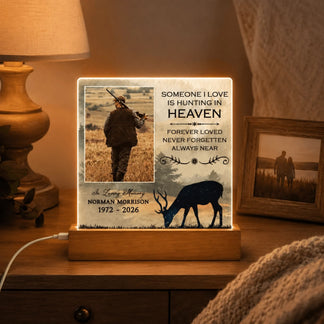 Personalized memorial LED night light featuring a hunter, deer silhouette, and custom name and years for lost loved ones.