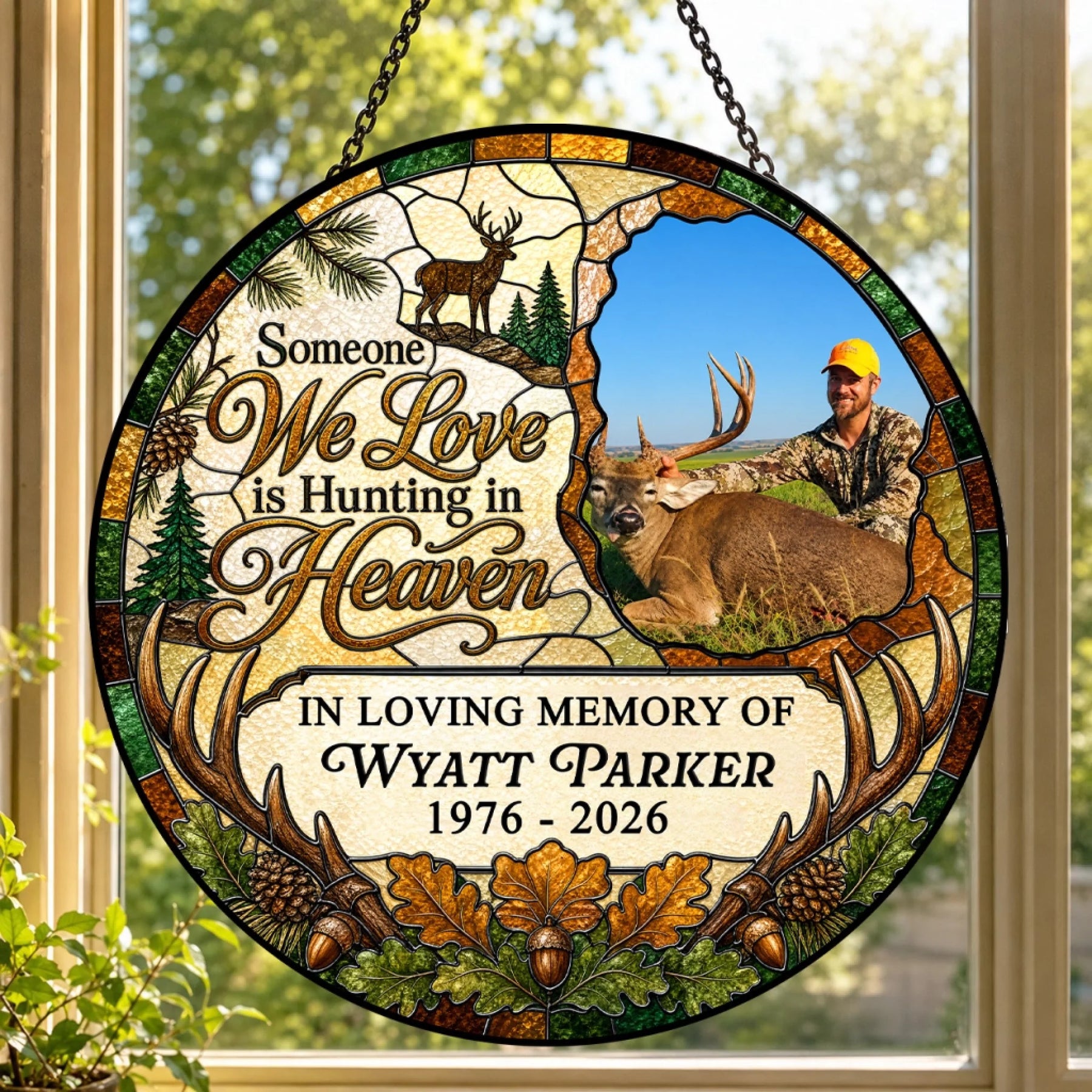 Custom memorial acrylic suncatcher featuring a hunting theme with a photo of a hunter and deer, personalized with a name and dates.