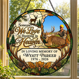 Custom memorial acrylic suncatcher featuring a hunting theme with a photo of a hunter and deer, personalized with a name and dates.