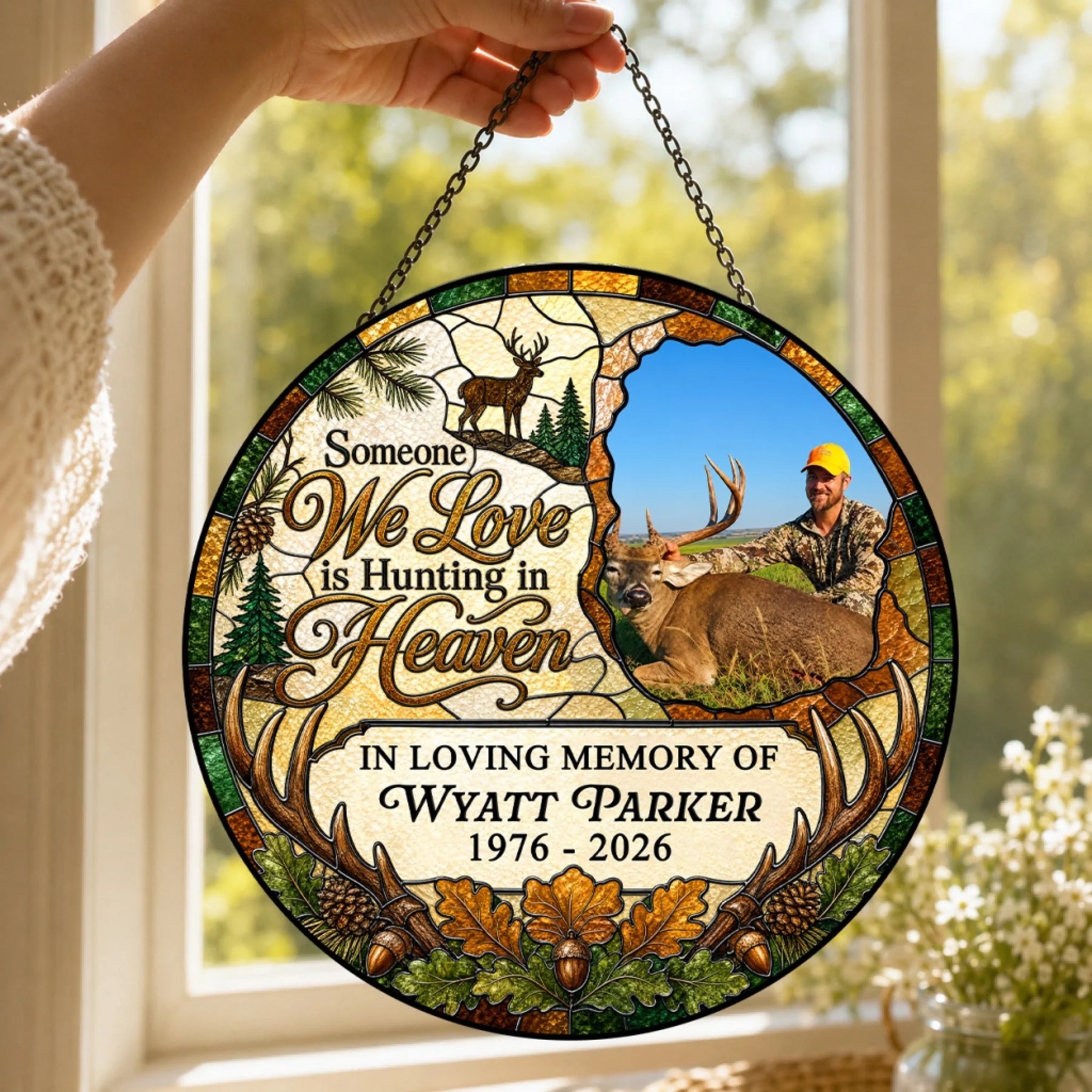 Custom memorial acrylic suncatcher featuring a hunting theme with a photo of a hunter and deer, personalized with a name and dates.