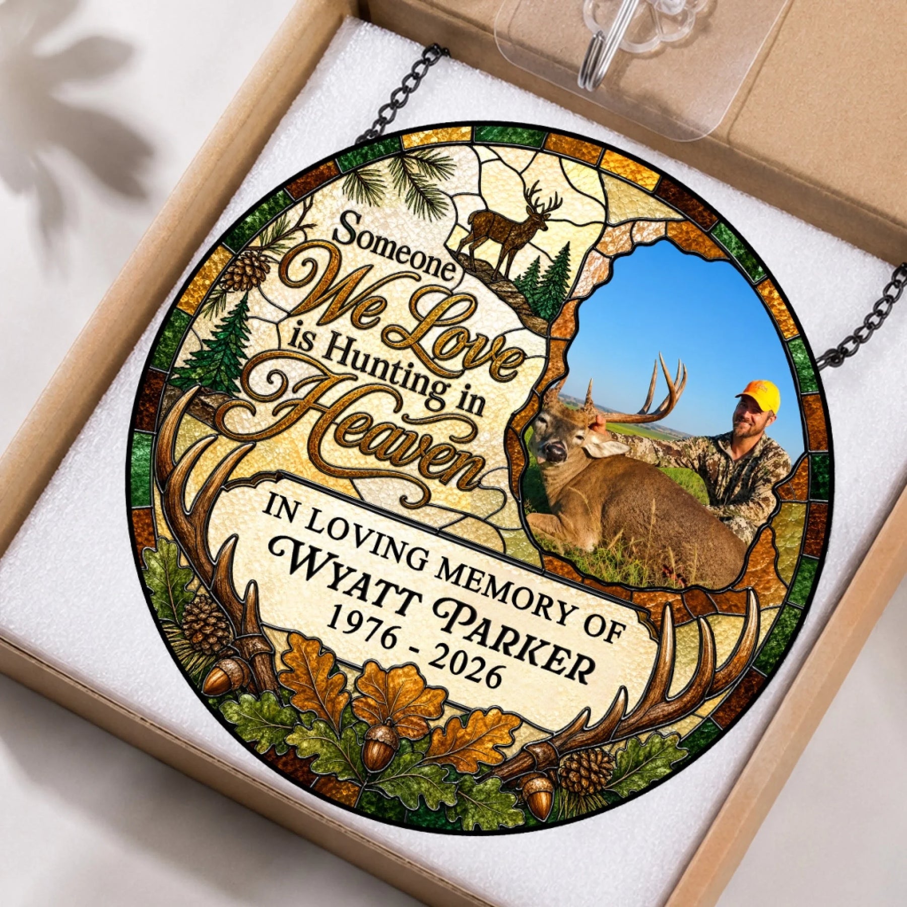 Custom memorial acrylic suncatcher featuring a hunting theme with a photo of a hunter and deer, personalized with a name and dates.