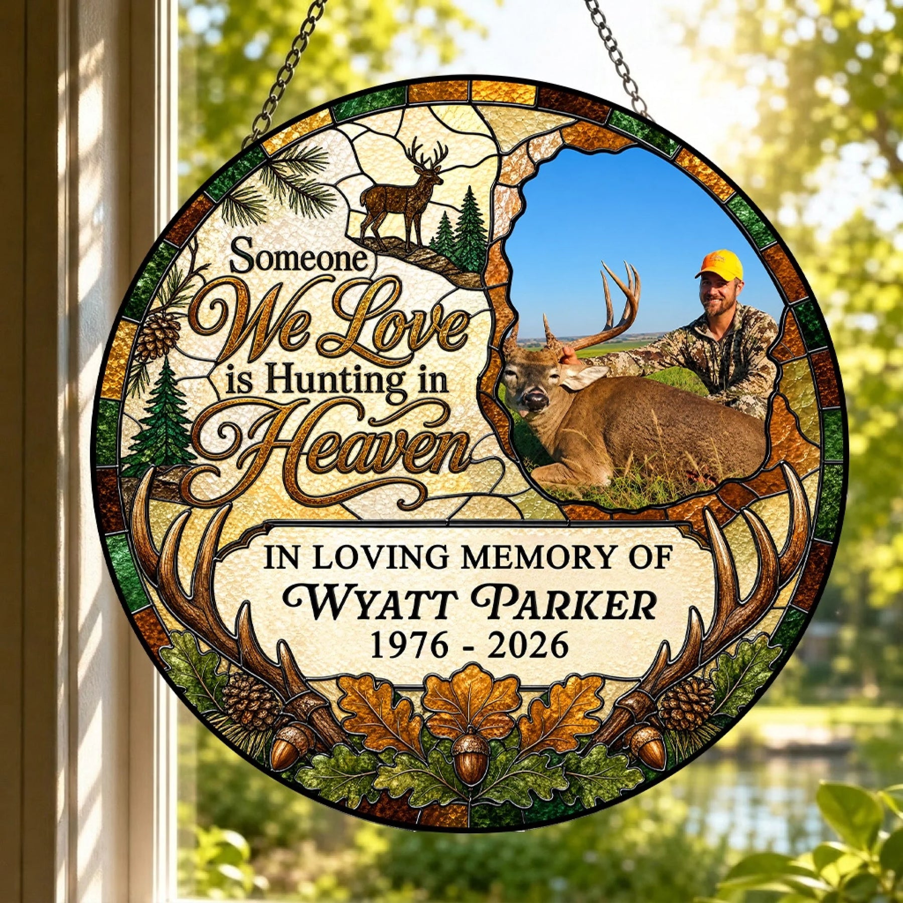 Custom memorial acrylic suncatcher featuring a hunting theme with a photo of a hunter and deer, personalized with a name and dates.