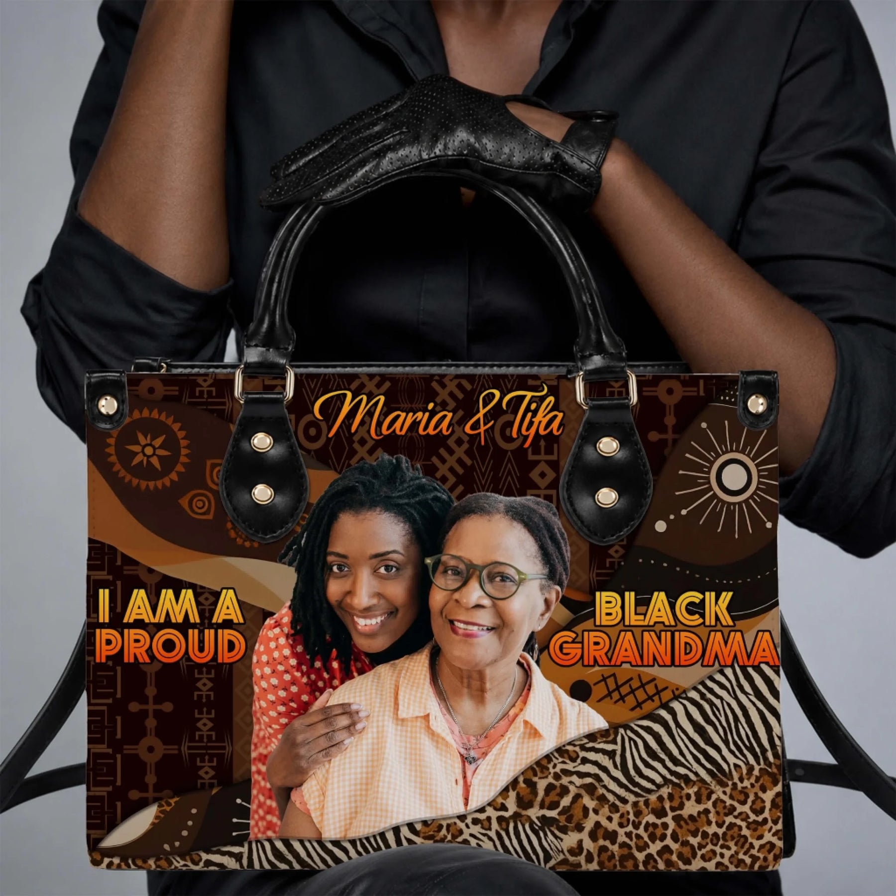 Custom photo print black grandma handbag featuring african inspired patterns and the personalized names Maria and Tifa.