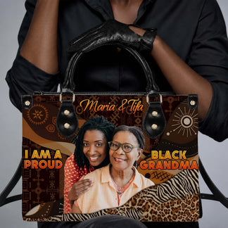 Custom photo print black grandma handbag featuring african inspired patterns and the personalized names Maria and Tifa.