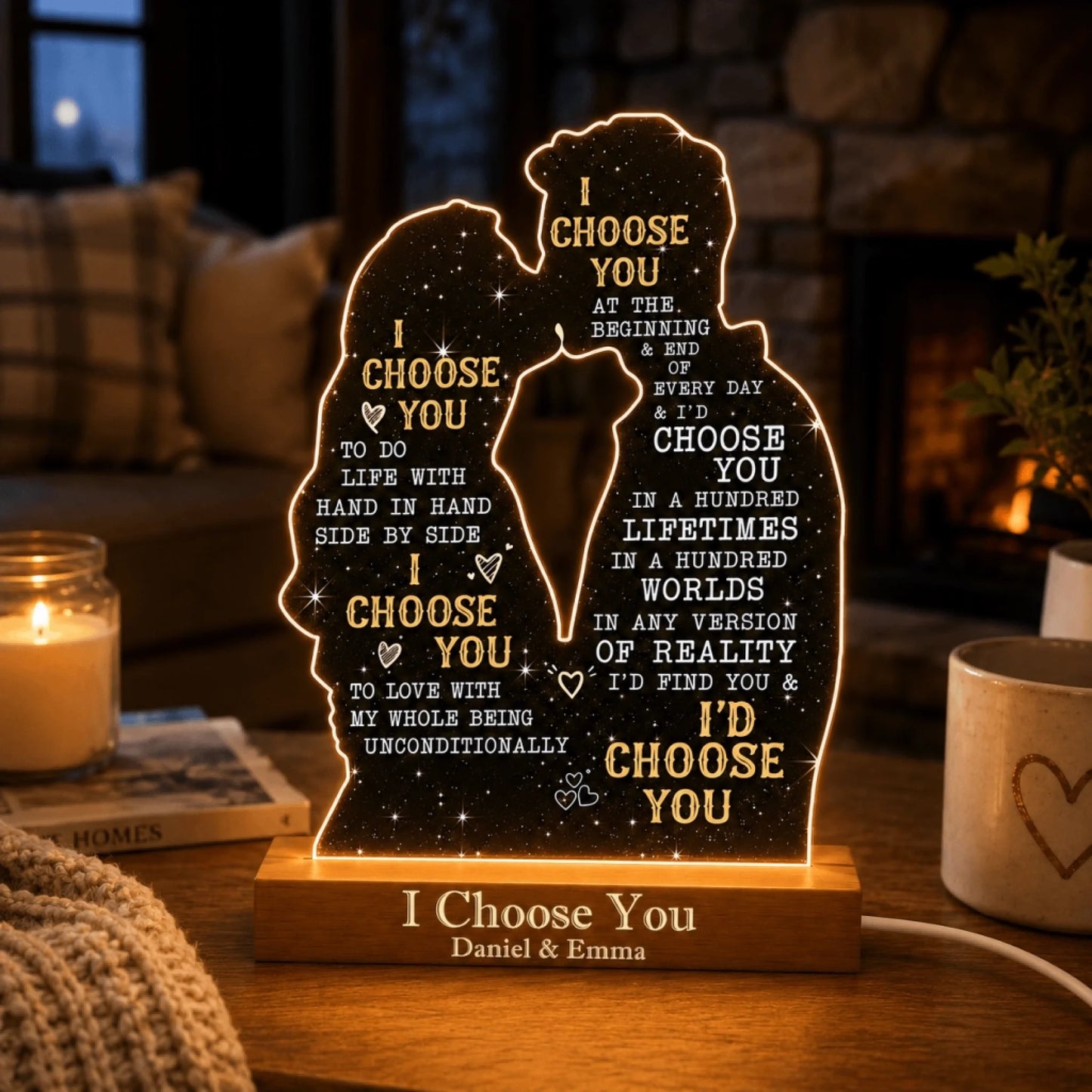 Custom couple night light with engraved names and romantic message perfect for anniversaries or Valentine's Day.