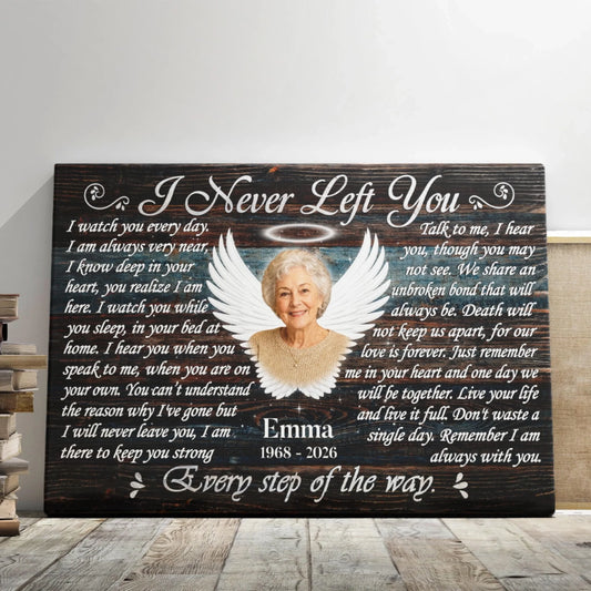 Custom memorial canvas featuring angel wings and halo with a portrait of Emma and personalized dates 1968 to 2026.