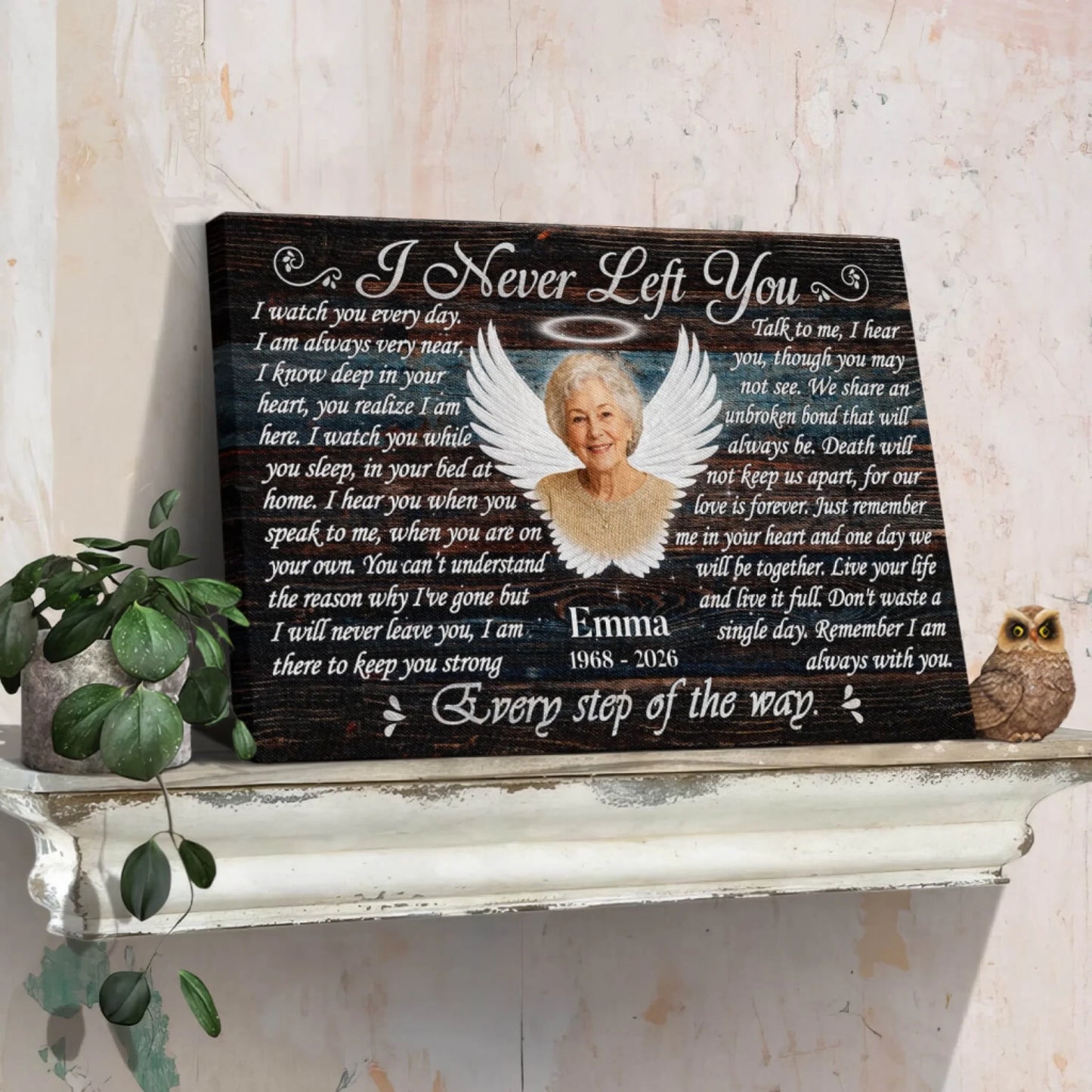 Meaningful memorial canvas art with angel wings design for a thoughtful sympathy gift for loss of loved one.