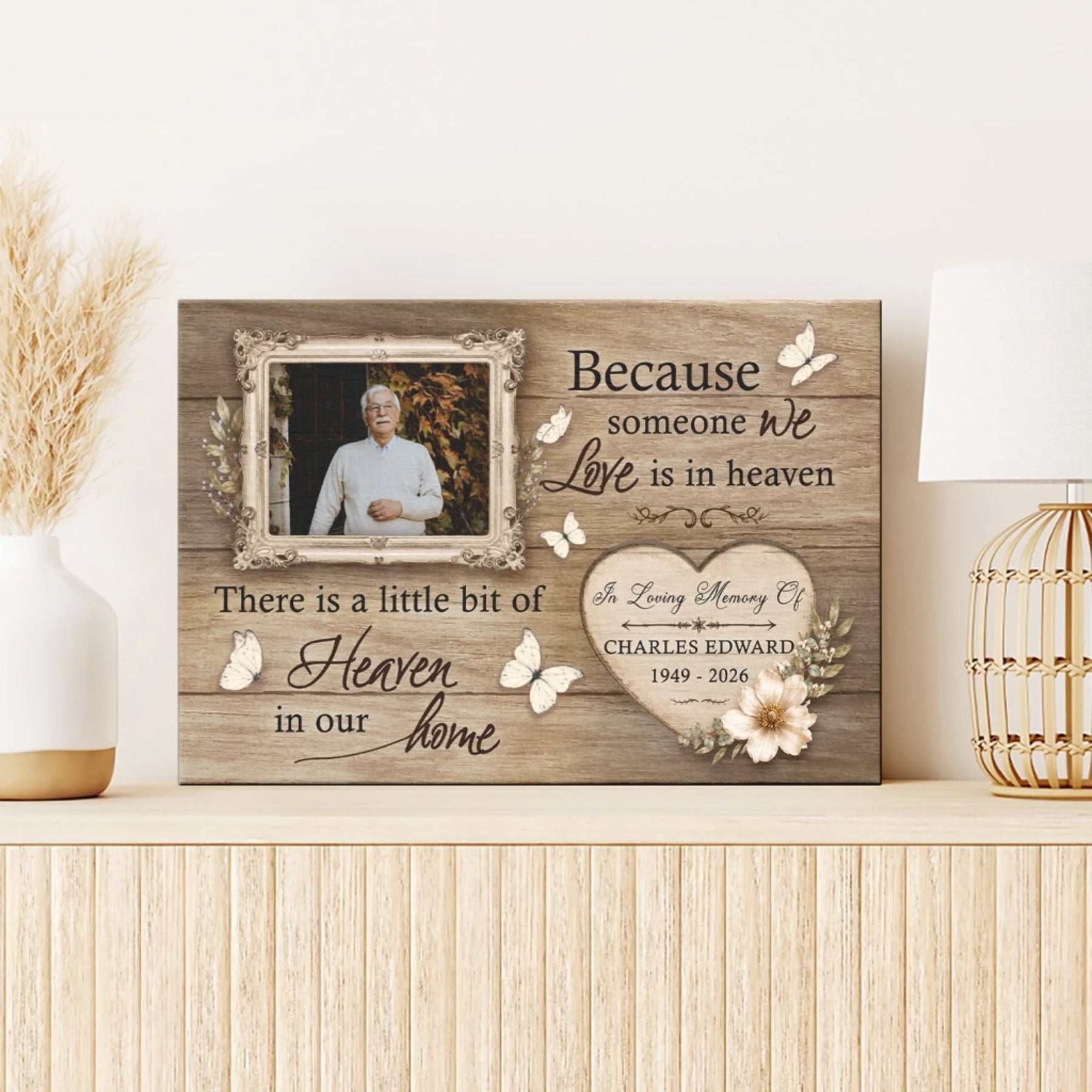 Custom photo memorial canvas with heartfelt quote butterflies and floral heart design for loss of loved one gift.