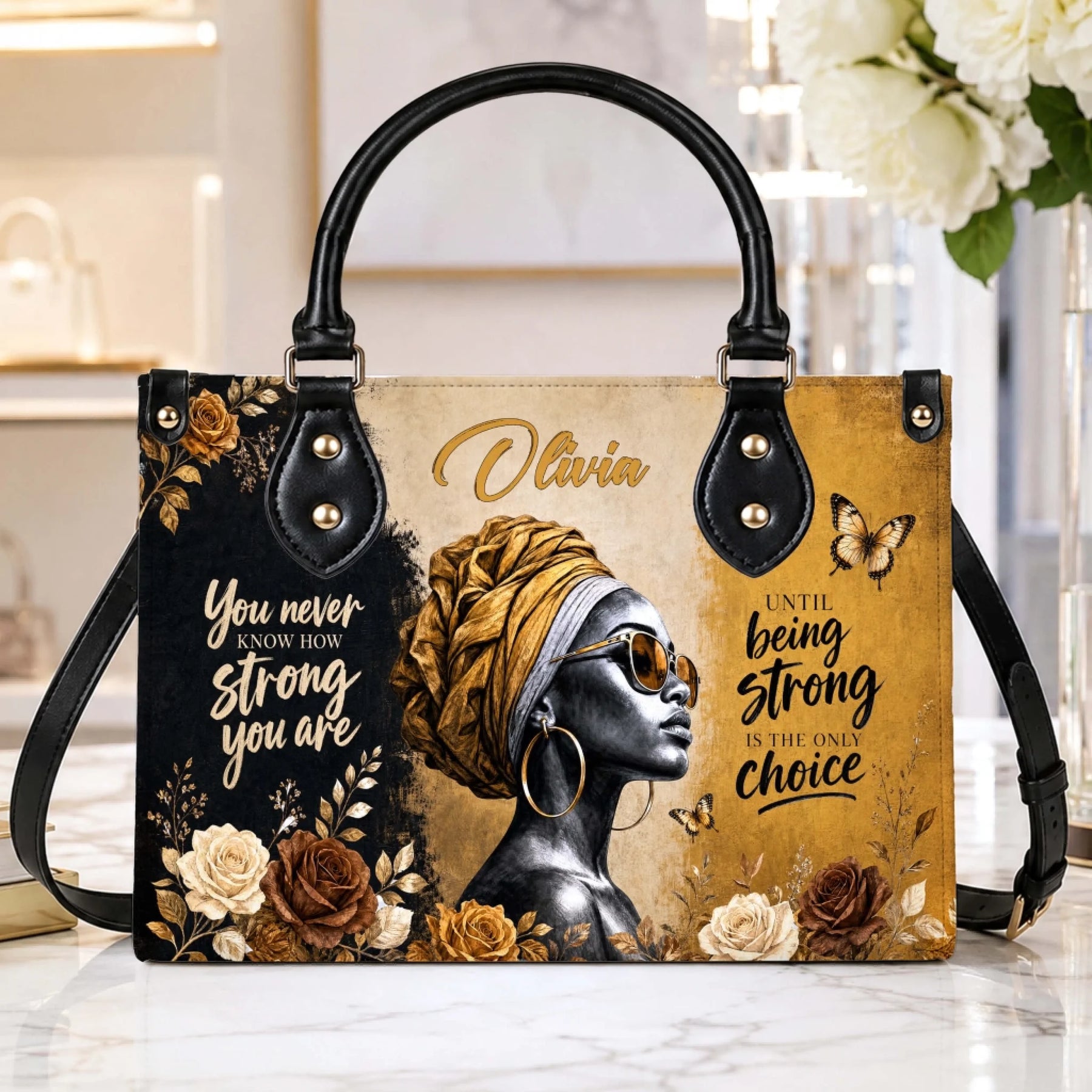 Fashionable personalized handbag with gold floral butterfly design and strong woman quote for everyday gift