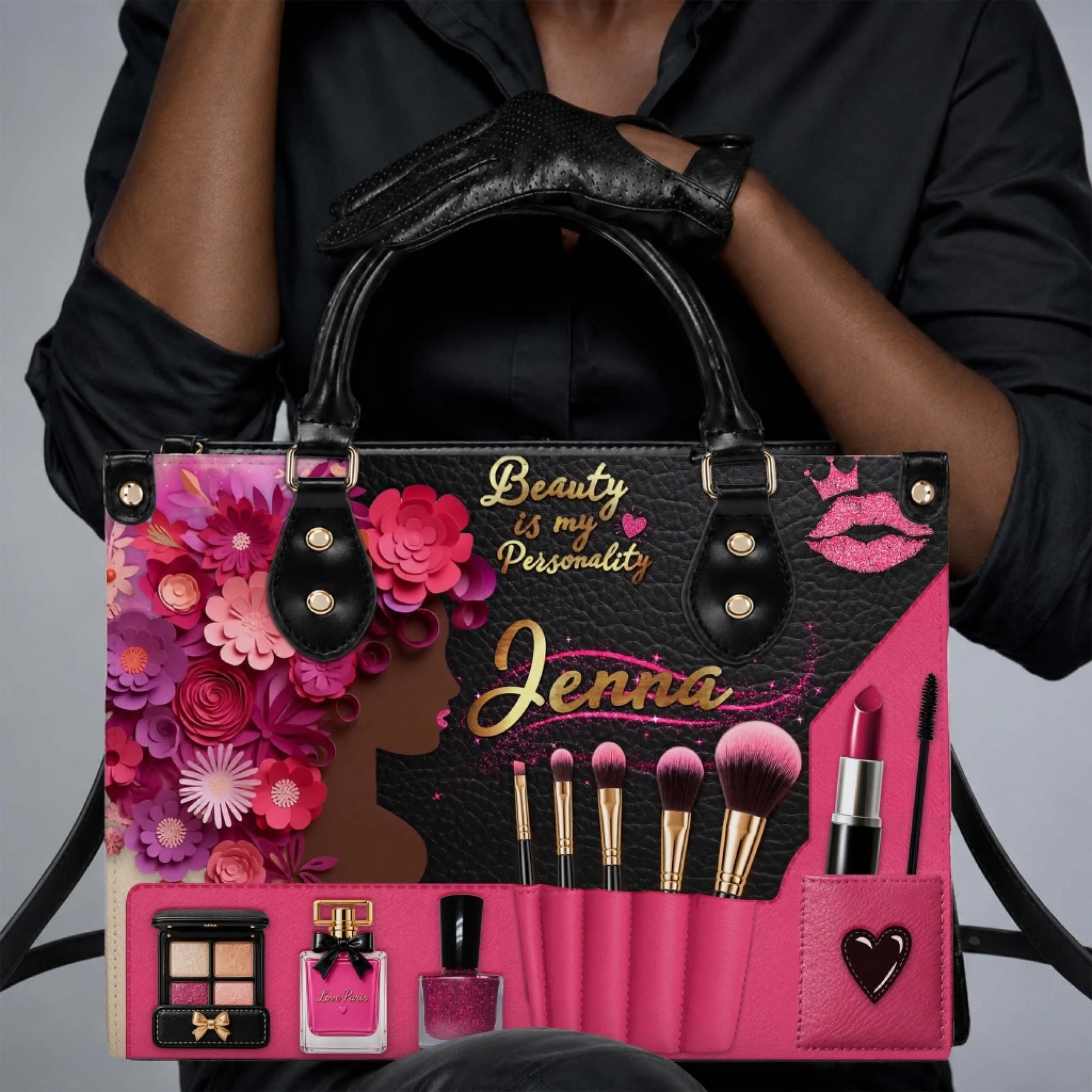 Personalized handbag for makeup lovers featuring a stylish beauty theme, custom name, and vibrant floral art design.