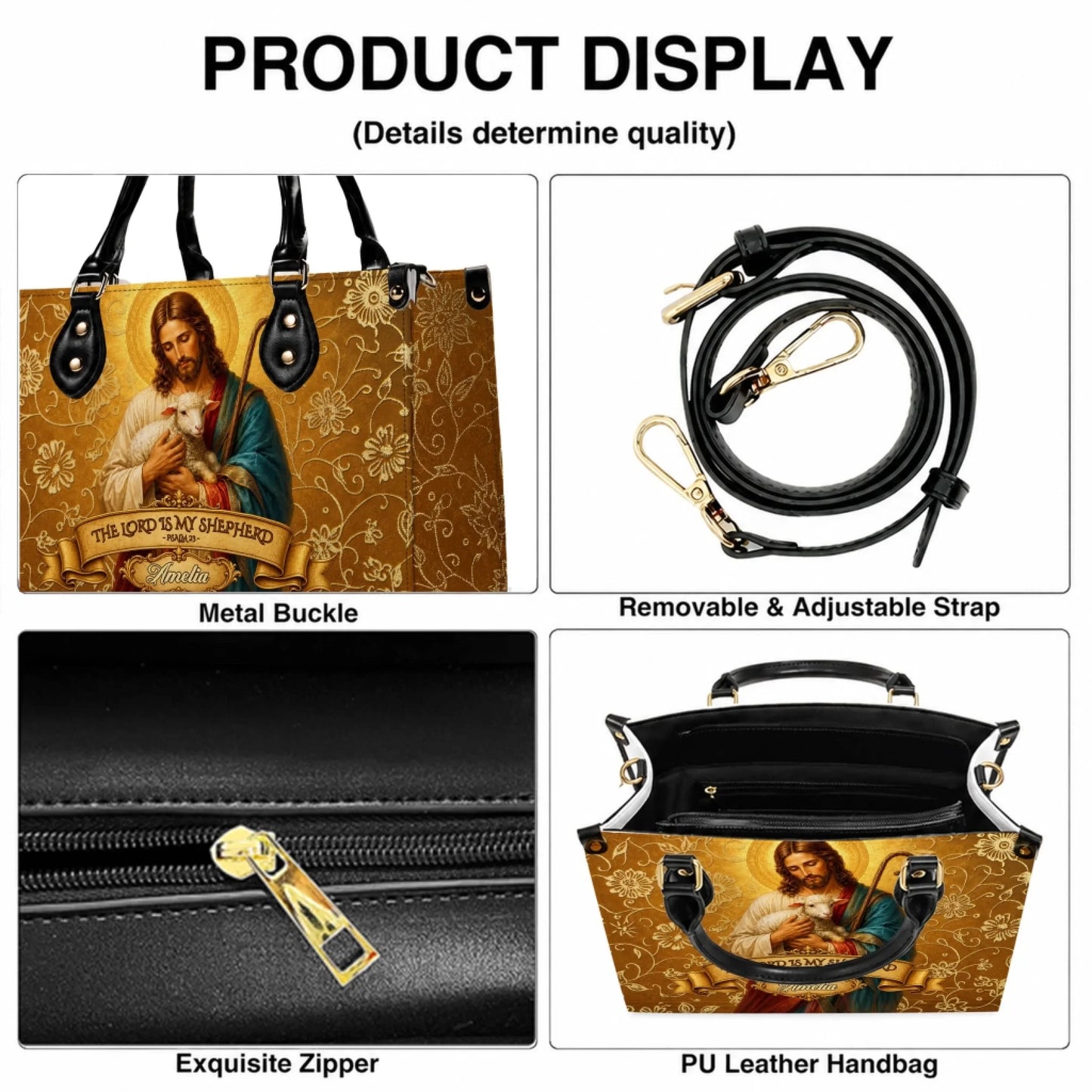 Product feature collage of a custom Jesus and lamb handbag showing metal buckles, adjustable strap, and quality zipper.