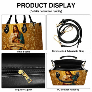 Product feature collage of a custom Jesus and lamb handbag showing metal buckles, adjustable strap, and quality zipper.
