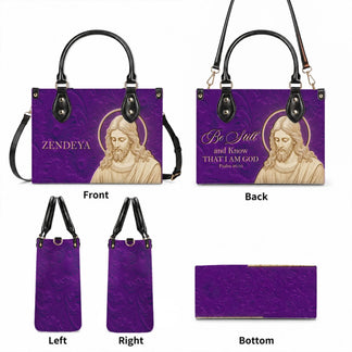 Custom purple handbag featuring a Jesus portrait and Be Still and Know Psalm 46:10 text for religious gifts.