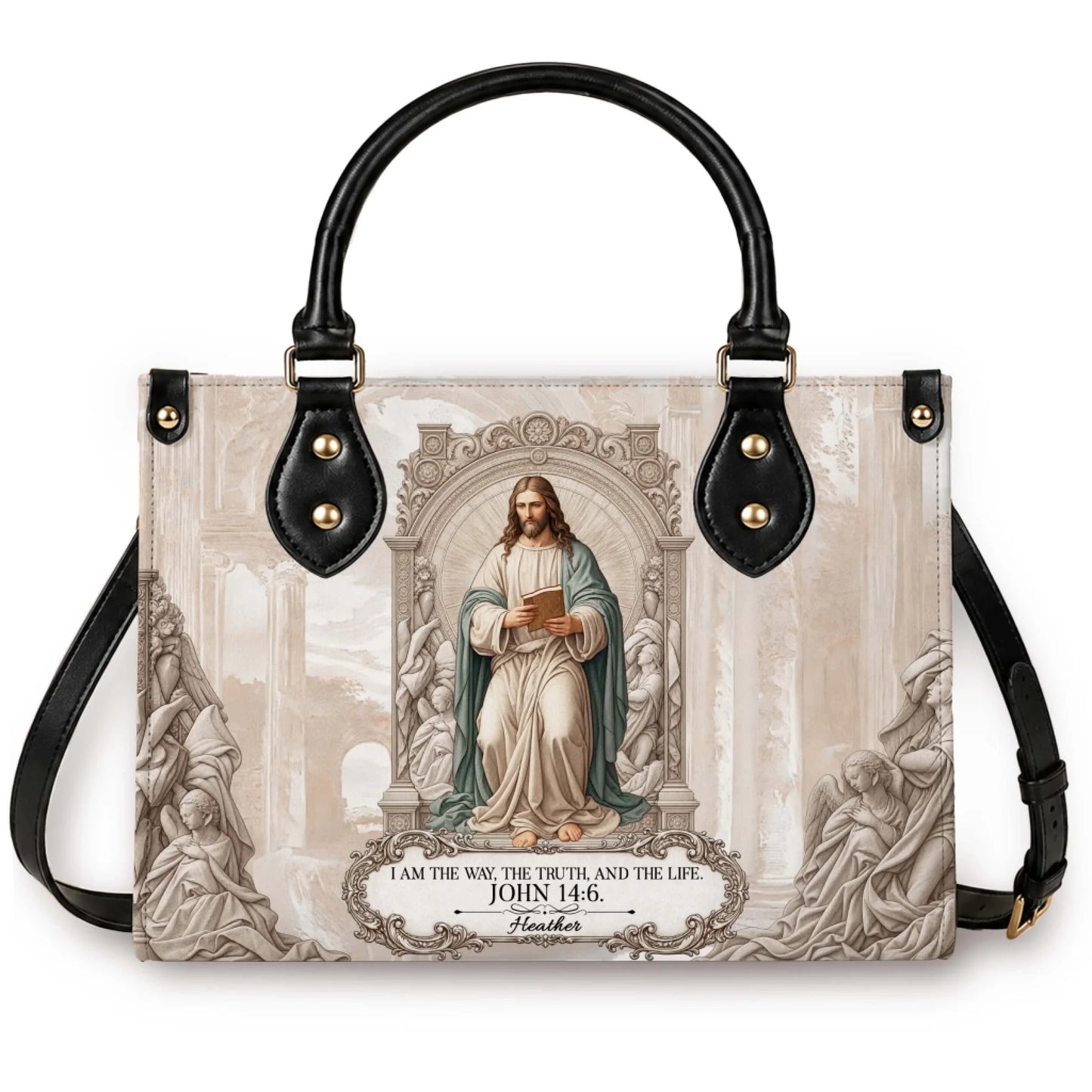 Personalized religious handbag featuring a depiction of Jesus and the Bible verse John 14 6 with custom name Heather.