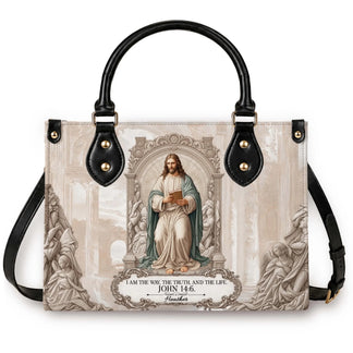 Personalized religious handbag featuring a depiction of Jesus and the Bible verse John 14 6 with custom name Heather.